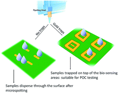 Graphical abstract: One-step trapping of droplets and surface functionalization of sensors using gold-patterned structures for multiplexing in biochips