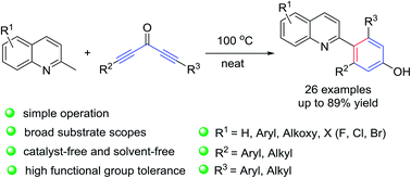 Graphical abstract: Catalyst- and solvent-free approach to 2-arylated quinolines via [5 + 1] annulation of 2-methylquinolines with diynones