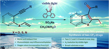 Graphical abstract: Visible-light-induced oxidant and metal-free dehydrogenative cascade trifluoromethylation and oxidation of 1,6-enynes with water