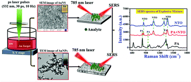 Graphical abstract: SERS based detection of multiple analytes from dye/explosive mixtures using picosecond laser fabricated gold nanoparticles and nanostructures