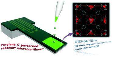 Graphical abstract: In situ construction of metal–organic framework (MOF) UiO-66 film on Parylene-patterned resonant microcantilever for trace organophosphorus molecules detection