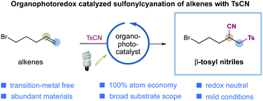 Graphical abstract: Catalytic, metal-free sulfonylcyanation of alkenes via visible light organophotoredox catalysis