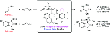 Graphical abstract: A chiral organic base catalyst with halogen-bonding-donor functionality: asymmetric Mannich reactions of malononitrile with N-Boc aldimines and ketimines