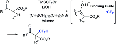 Graphical abstract: Highly C-selective difluoromethylation of β-ketoesters by using TMSCF2Br/lithium hydroxide/N,N,N-trimethylhexadecan-1-ammonium bromide