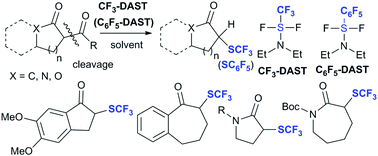 Graphical abstract: The CF3-DAST-induced deacylative trifluoromethylthiolation of cyclic 1,3-diketones/lactams/lactones and its extension to deacylative pentafluorophenylthiolation