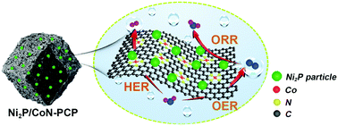 Graphical abstract: An efficient multifunctional hybrid electrocatalyst: Ni2P nanoparticles on MOF-derived Co,N-doped porous carbon polyhedrons for oxygen reduction and water splitting