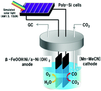 Graphical abstract: Solar-driven CO2 to CO reduction utilizing H2O as an electron donor by earth-abundant Mn–bipyridine complex and Ni-modified Fe-oxyhydroxide catalysts activated in a single-compartment reactor