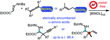 Graphical abstract: Catalytic asymmetric propargyl- and allylboration of hydrazonoesters: a metal-free approach to sterically encumbered chiral α-amino acid derivatives