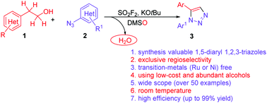 Graphical abstract: Transition-metal-free regioselective construction of 1,5-diaryl-1,2,3-triazoles through dehydrative cycloaddition of alcohols with aryl azides mediated by SO2F2
