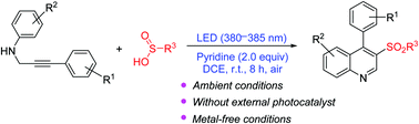 Graphical abstract: A visible-light-induced oxidative cyclization of N-propargylanilines with sulfinic acids to 3-sulfonated quinoline derivatives without external photocatalysts