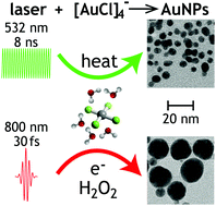 Graphical abstract: Nucleation and growth of gold nanoparticles initiated by nanosecond and femtosecond laser irradiation of aqueous [AuCl4]−