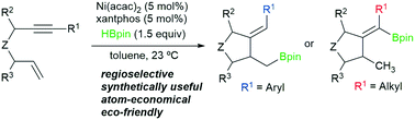 Graphical abstract: Atom-economical regioselective Ni-catalyzed hydroborylative cyclization of enynes: development and mechanism