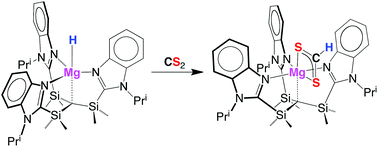 Graphical abstract: Insertion of CS2 into the Mg–H bond: synthesis and structural characterization of the magnesium dithioformate complex, [TismPriBenz]Mg(κ2-S2CH)