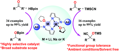 Graphical abstract: Alkali metal complexes as efficient catalysts for hydroboration and cyanosilylation of carbonyl compounds