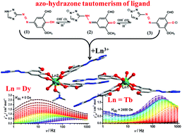 Graphical abstract: A new salicylaldehyde-based azo dye and its two lanthanide(iii) complexes displaying slow magnetic relaxation