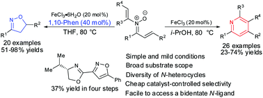 Graphical abstract: Iron(iii)-catalyzed selective N–O bond cleavage to prepare tetrasubstituted pyridines and 3,5-disubstituted isoxazolines from N-vinyl-α,β-unsaturated ketonitrones