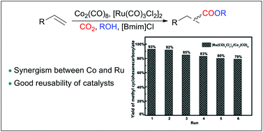 Graphical abstract: Alkoxycarbonylation of olefins with carbon dioxide by a reusable heterobimetallic ruthenium–cobalt catalytic system