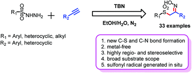 Graphical abstract: TBN-mediated regio- and stereoselective sulfonylation & oximation (oximosulfonylation) of alkynes with sulfonyl hydrazines in EtOH/H2O