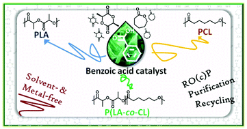 Graphical abstract: Benzoic acid-organocatalyzed ring-opening (co)polymerization (ORO(c)P) of l-lactide and ε-caprolactone under solvent-free conditions: from simplicity to recyclability