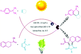 Graphical abstract: Solvent-free and room temperature visible light-induced C–H activation: CdS as a highly efficient photo-induced reusable nano-catalyst for the C–H functionalization cyclization of t-amines and C–C double and triple bonds