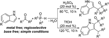 Graphical abstract: Three-component 3-(phosphoryl)methylindole synthesis from indoles, H-phosphine oxides and carbonyl compounds under metal-free conditions