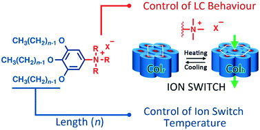 Graphical abstract: Switching of ionic conductivities in columnar liquid-crystalline anilinium salts: effects of alkyl chains, ammonium cations and counter anions on thermal properties and switching temperatures