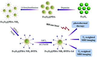 Graphical abstract: Synthesis of Gd-functionalized Fe3O4@polydopamine nanocomposites for T1/T2 dual-modal magnetic resonance imaging-guided photothermal therapy