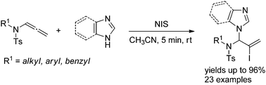 Graphical abstract: NIS-Mediated intermolecular hydroamination of allenamides with imidazole heterocycles: a facile protocol for the synthesis of allylic N,N-acetals