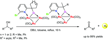 Graphical abstract: Ruthenium carbonyl complexes with pyridine-alkoxide ligands: synthesis, characterization and catalytic application in dehydrogenative oxidation of alcohols