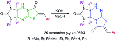 Graphical abstract: Skeletal rearrangement of arylmethylideneimidazo[4,5-e]thiazolo[3,2-b]-1,2,4-triazine-2,7-diones in the synthesis of the corresponding imidazo[4,5-e]thiazolo[2,3-c]-1,2,4-triazine-2,8-diones
