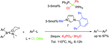 Graphical abstract: Nickel-catalyzed cross-coupling of O,N-chelated diarylborinates with aryl chlorides and mesylates