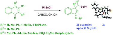Graphical abstract: One-step pathway to selenoisobenzofuran-1(3H)-imine derivatives through highly selective selenocyclization of olefinic amides with benzeneselenyl chloride