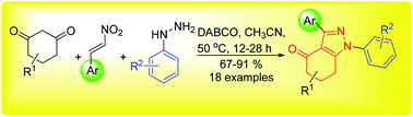 Graphical abstract: Regioselective construction of 1,3-diaryl tetrahydroindazolones via the three-component reaction of 1,3-cyclohexanediones, β-nitrostyrenes and arylhydrazines