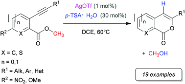 Graphical abstract: Silver triflate/p-TSA co-catalysed synthesis of 3-substituted isocoumarins from 2-alkynylbenzoates