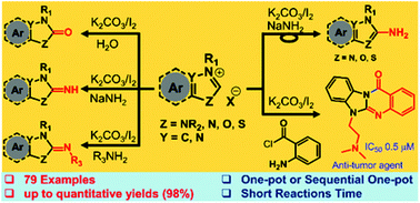 Graphical abstract: Metal-free C(sp2)–H functionalization of azoles: K2CO3/I2-mediated oxidation, imination, and amination