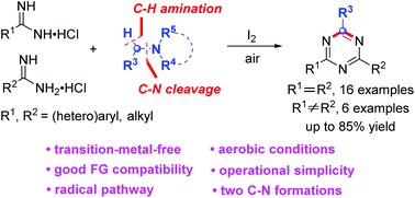 Graphical abstract: An I2-mediated aerobic oxidative annulation of amidines with tertiary amines via C–H amination/C–N cleavage for the synthesis of 2,4-disubstituted 1,3,5-triazines