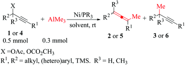 Graphical abstract: Synthesis of multi-substituted allenes from organoalane reagents and propargyl esters by using a nickel catalyst