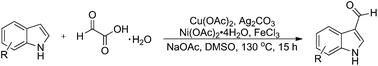 Graphical abstract: Selective nickel-catalyzed dehydrogenative–decarboxylative formylation of indoles with glyoxylic acid