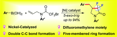 Graphical abstract: Nickel-catalysed radical tandem cyclisation/arylation: practical synthesis of 4-benzyl-3,3-difluoro-γ-lactams