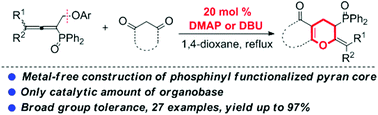Graphical abstract: Organobase catalyzed straightforward synthesis of phosphinyl functionalized 2H-pyran cores from allenylphosphine oxides and 1,3-diones