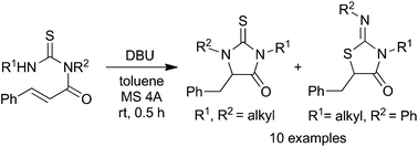 Graphical abstract: Umpolung cyclization reaction of N-cinnamoylthioureas in the presence of DBU