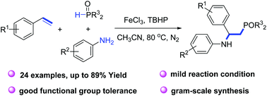 Graphical abstract: Iron(iii)-catalyzed radical α,β-aminophosphinoylation of styrenes with diphenylphosphine oxides and anilines