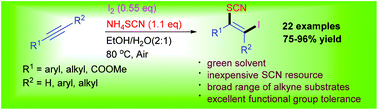 Graphical abstract: Iodine-mediated regio- and stereoselective iodothiocyanation of alkynes in aqueous ethanol