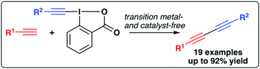 Graphical abstract: Transition metal-free coupling of terminal alkynes and hypervalent iodine-based alkyne-transfer reagents to access unsymmetrical 1,3-diynes