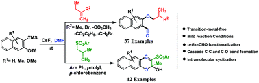 Graphical abstract: A cascade process for the synthesis of ortho-formyl allyl aryl ethers and 2H-chromen-2-ol derivatives from arynes via trapping of o-quinone methide with an activated alkene