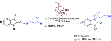 Graphical abstract: Organocatalytic asymmetric Michael addition between 3-subsituted oxindoles and enals catalyzed by camphor sulfonyl hydrazine