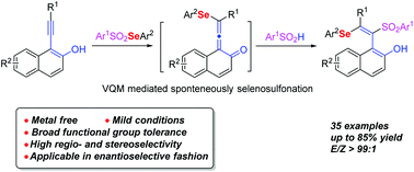 Graphical abstract: Metal-free difunctionalization of alkynes to access tetrasubstituted olefins through spontaneous selenosulfonylation of vinylidene ortho-quinone methide (VQM)