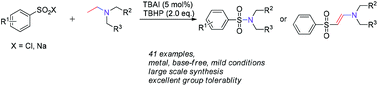 Graphical abstract: TBAI-catalyzed selective synthesis of sulfonamides and β-aryl sulfonyl enamines: coupling of arenesulfonyl chlorides and sodium sulfinates with tert-amines