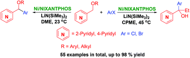 Graphical abstract: Chemoselective synthesis of aryl(pyridinyl)methanol derivatives through Ni-NIXANTPHOS catalyzed α-arylation and tandem arylation/rearrangement of pyridylmethyl ethers