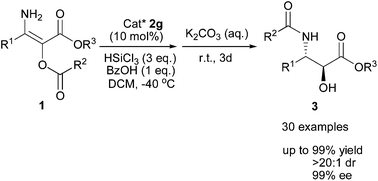 Graphical abstract: One-pot diastereo- and enantioselective hydrosilylation–transacylation of α-acyloxy β-enamino esters